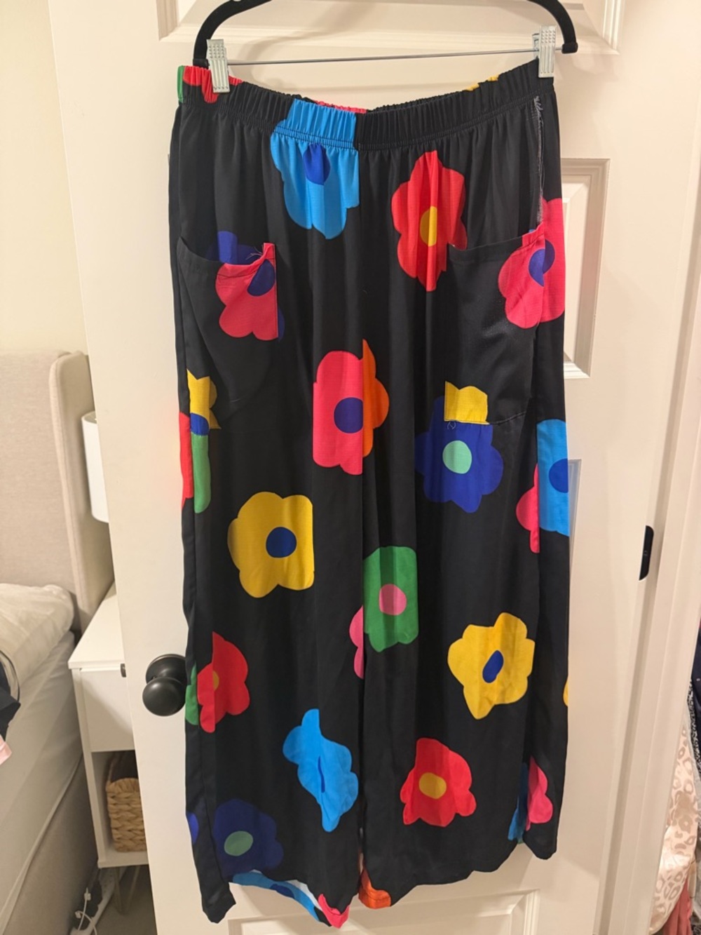 SHEIN Black Wide Leg Pants with Bright Multicolor Floral Print